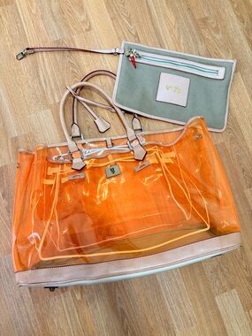 Vo73 Transparent Orange Tote Bag with Beige Trim - Women Bags